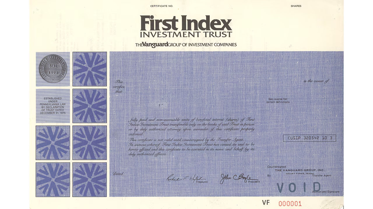 Share certificate for the first index mutual fund, later renamed Vanguard 500 Index Fund. 